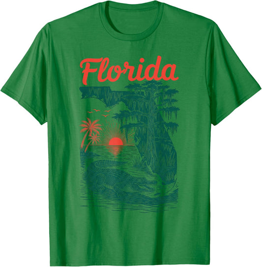 Florida Alligator State map Wearing Retro T-Shirt - T-Shirt | Irish Green