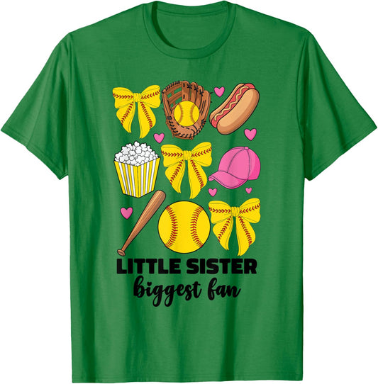 Little Sister Biggest Fan Softball Teen Girls Coquette Bow T-Shirt - T-Shirt | Irish Green