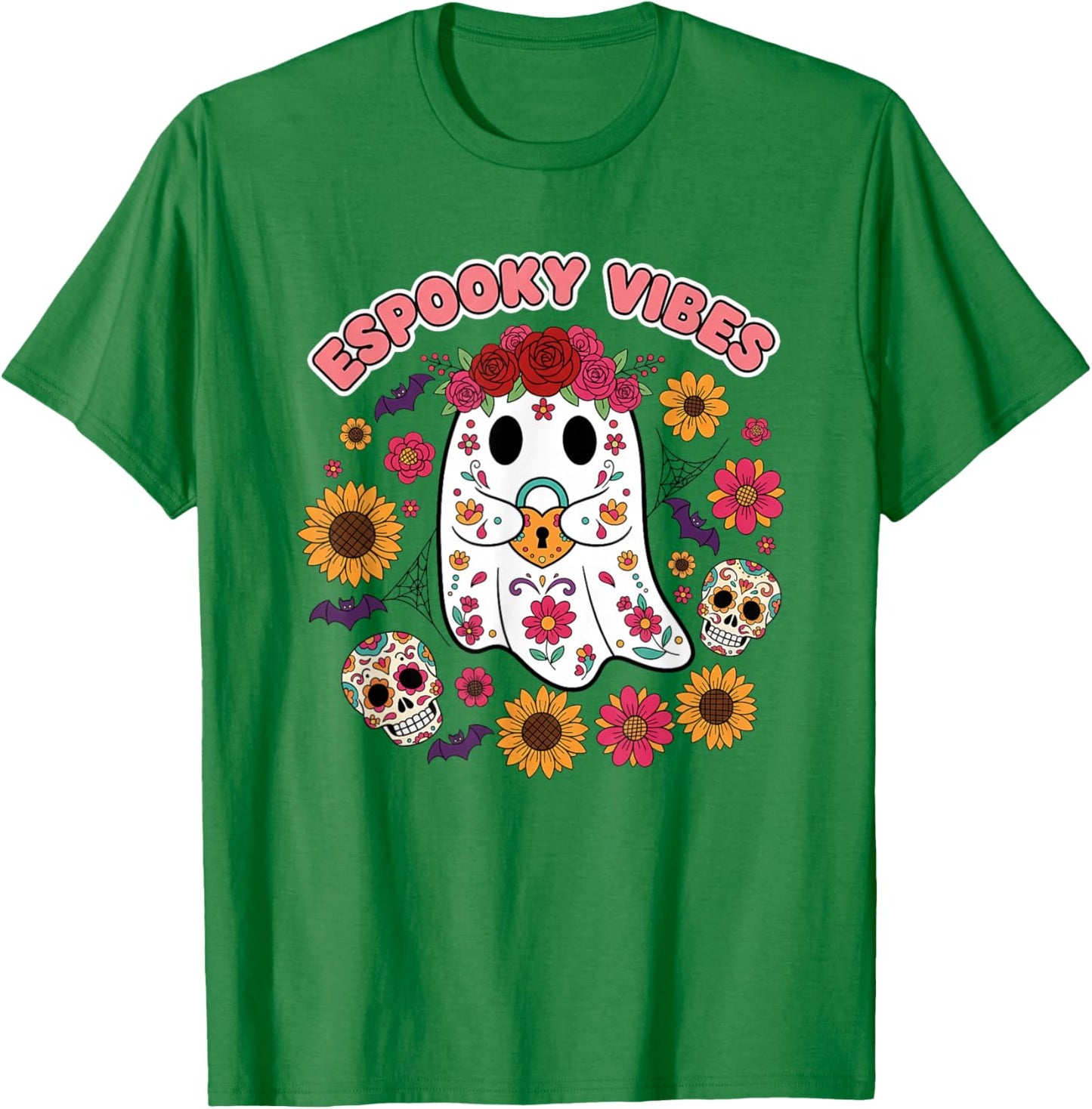 Espooky Vibes Halloween Floral Ghost Day of The Dead Mexican T-Shirt - T-Shirt | Irish Green