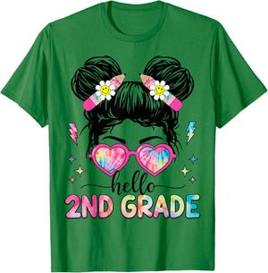 Hello 2nd Grade Messy Bun Girl Back To School First Day T-Shirt - T-Shirt | Irish Green