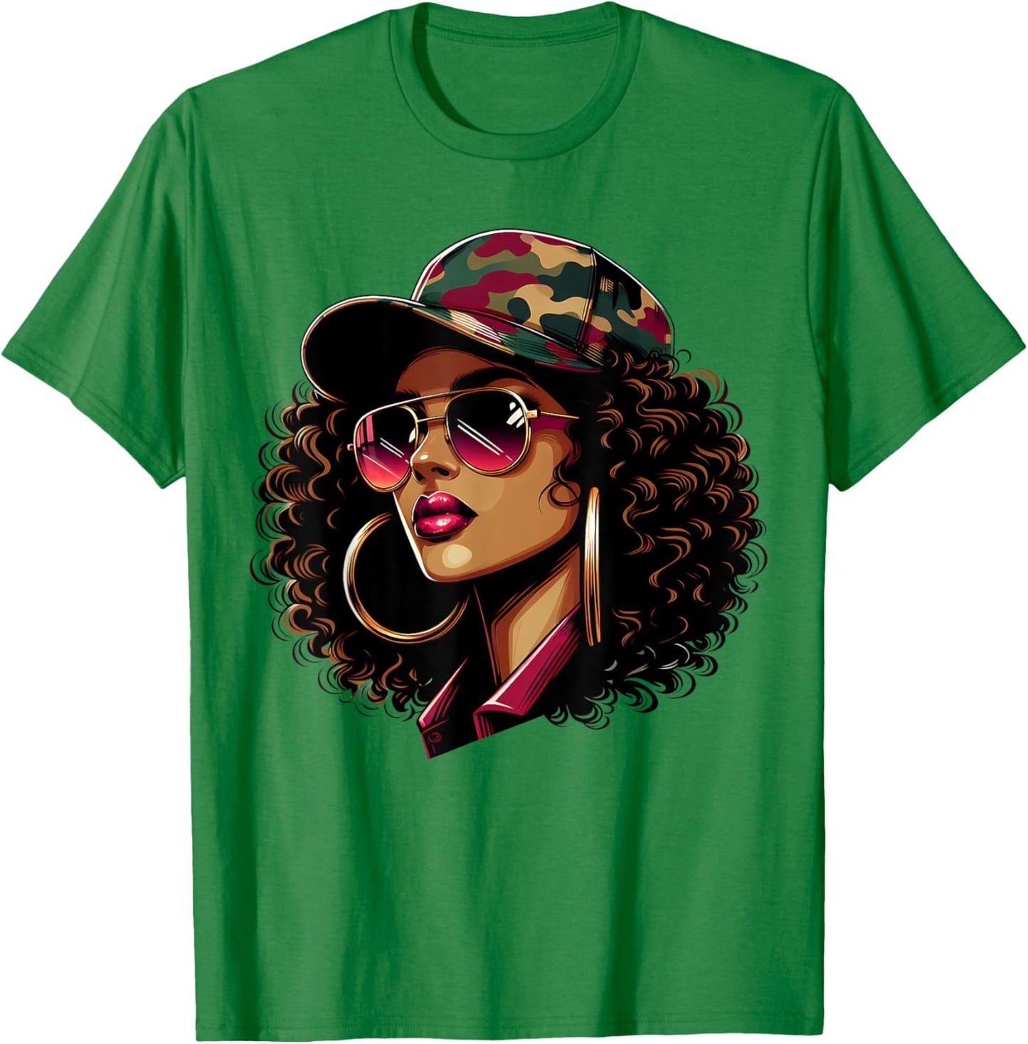 Queen Black Woman With Camo Cap Locs African American T-Shirt - T-Shirt | Irish Green