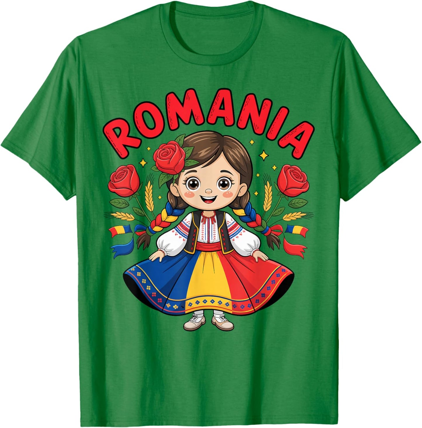 Cute Romanian Girl in Traditional Folk Dress for Kids T-Shirt - T-Shirt | Irish Green