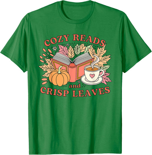Cozy Reads And Crisp Leaves Reading Autumn Fall Thanksgiving T-Shirt - T-Shirt | Irish Green
