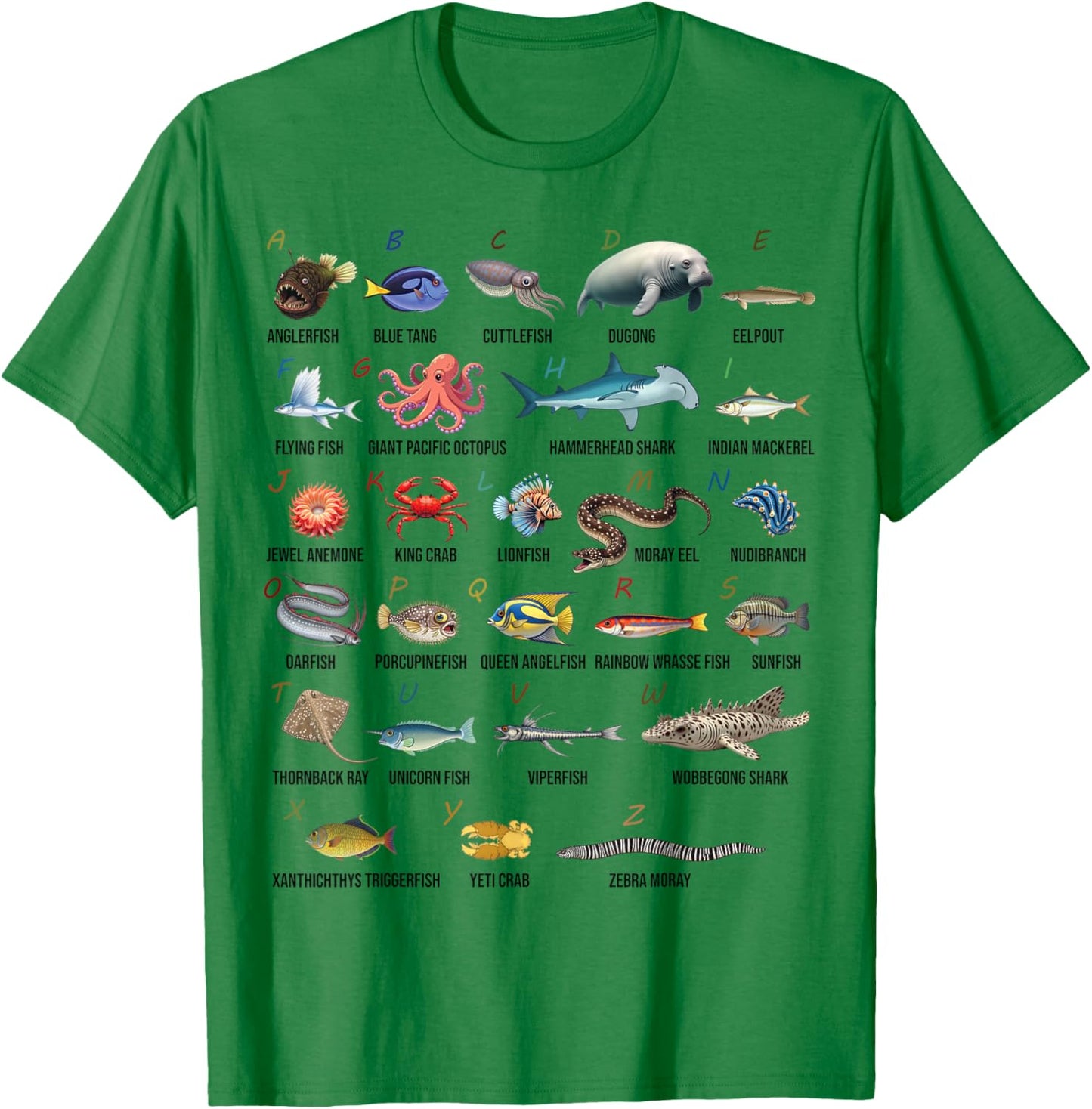 A-Z Ocean Life Alphabet Marine Creatures Exploration T-Shirt - T-Shirt | Irish Green