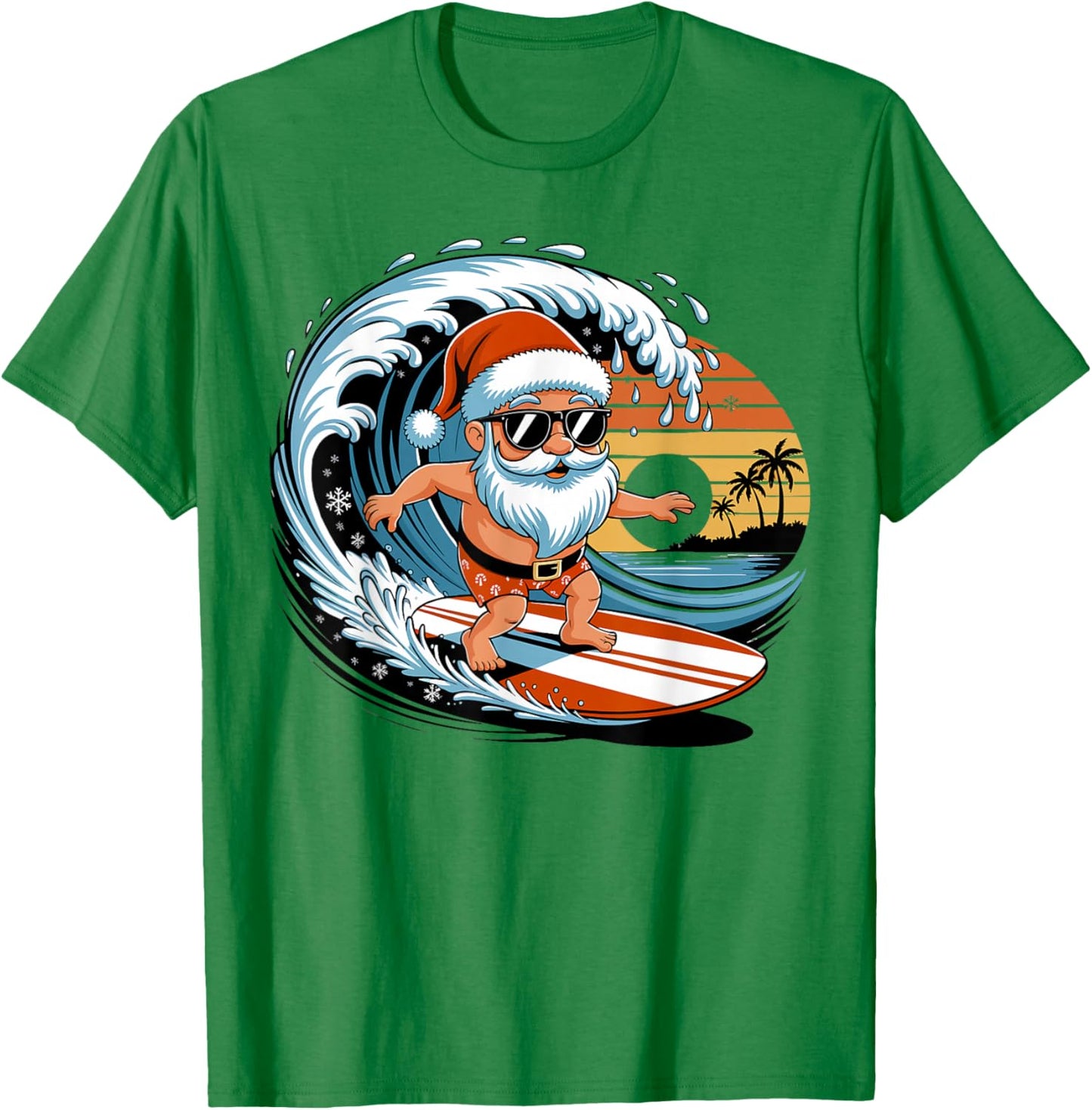 Santa Surfing Hawaiian Beach Christmas in July Tropical Xmas T-Shirt - T-Shirt | Irish Green
