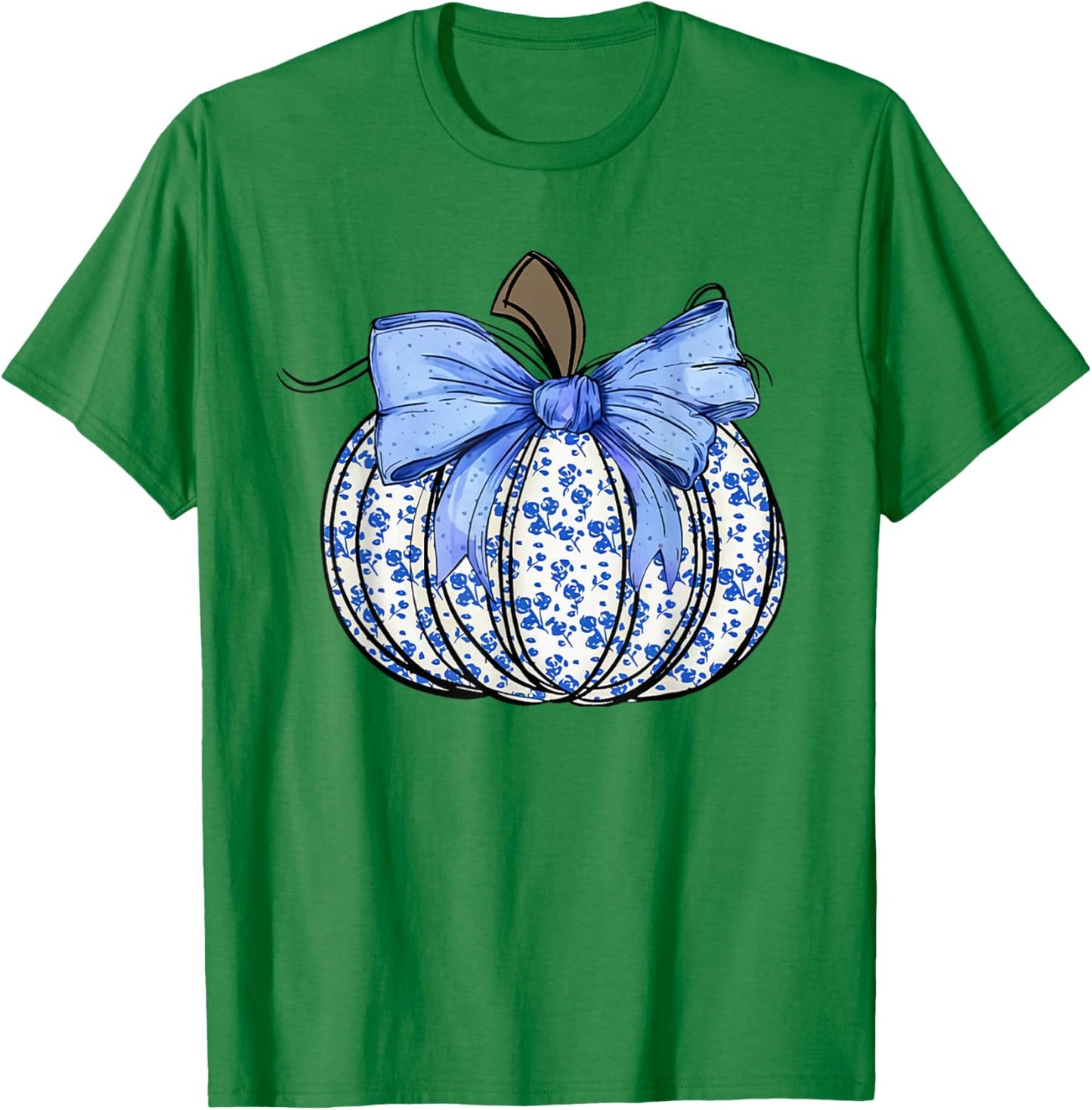 Retro Coquette Bow Blue Floral Pumpkin Halloween Autumn Fall T-Shirt - T-Shirt | Irish Green