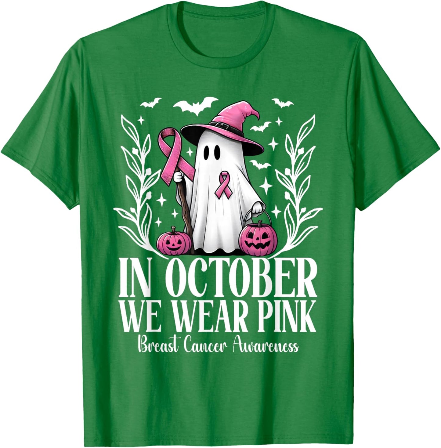 In October We Wear Pink Breast Cancer Ghost Witch Halloween T-Shirt - T-Shirt | Irish Green