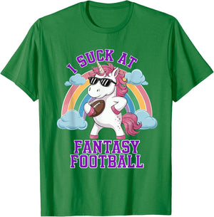 I Suck At Fantasy Football Funny Unicorn Rainbow Pink Loser T-Shirt - T-Shirt | Irish Green