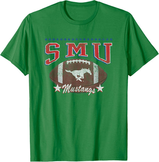 SMU Mustangs Football Vintage Stars Gray Officially Licensed T-Shirt - T-Shirt | Irish Green