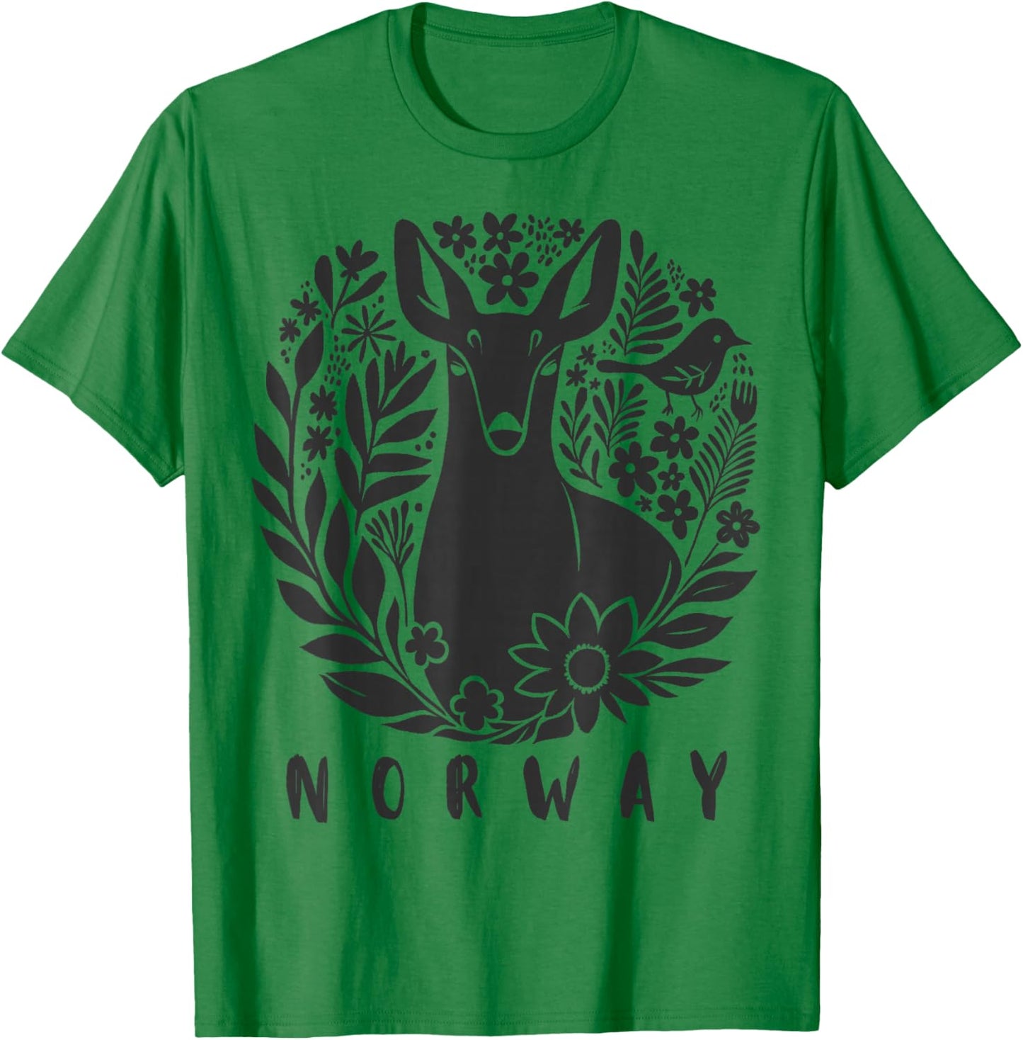 Norway Souvenir Deer Folk Art Scandinavian Art Lino Cut T-Shirt - T-Shirt | Irish Green