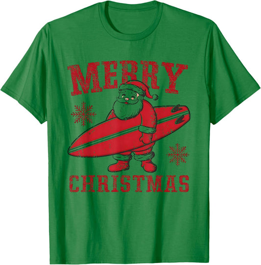 Merry Christmas Santa Claus Surfing Summer SurfBoard Beach T-Shirt - T-Shirt | Irish Green