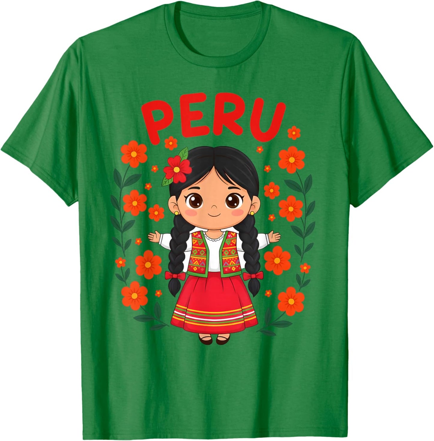 Cute Peru Girl Traditional Dress Colorful Flowers Girls Kids T-Shirt - T-Shirt | Irish Green