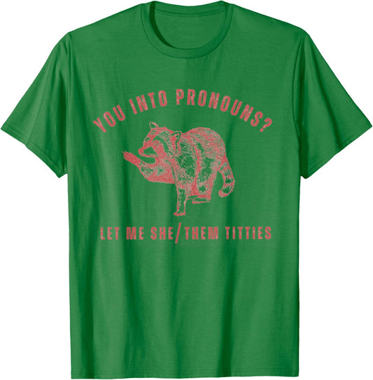 Retro Racoon You Into Pronouns Let Me She Them Titties T-Shirt - T-Shirt | Irish Green