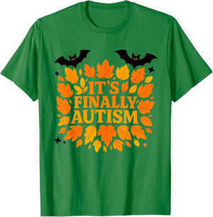 It’s Finally Autism Funny Autumn Fall Leaves Halloween Bats T-Shirt - T-Shirt | Irish Green