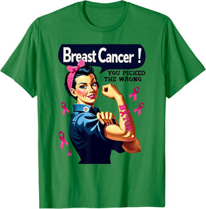 Breast Cancer You Picked The Wrong Bitch Messy Bun Girl T-Shirt - T-Shirt | Irish Green