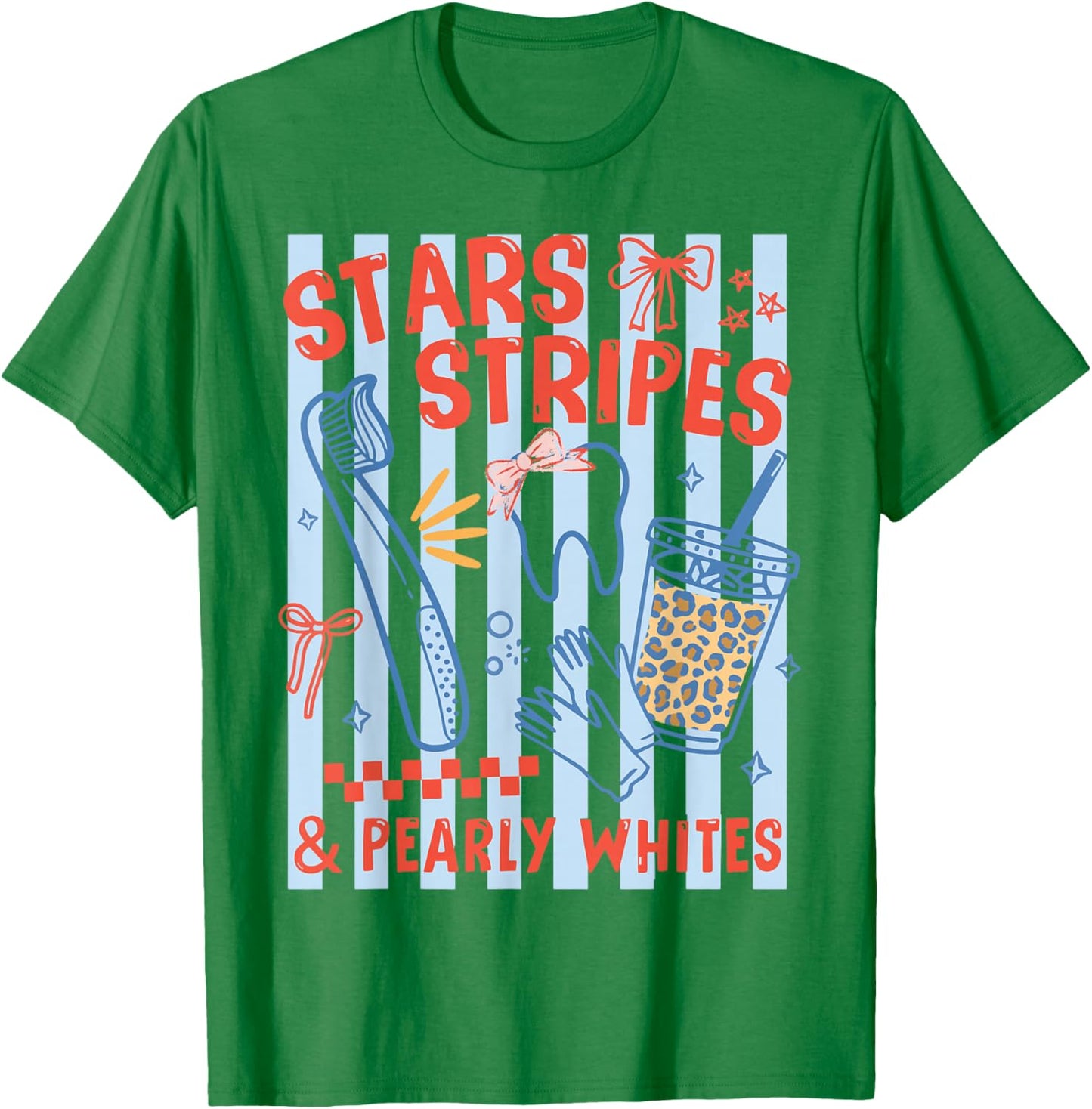 Stars Stripes Pearly Whites Dental Hygienist 4th July RDH T-Shirt - T-Shirt | Irish Green