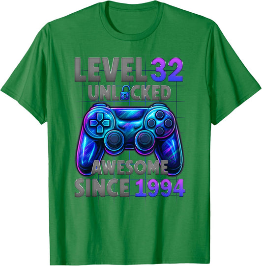 Level 32 Unlocked Awesome Since 1994 32nd Birthday Gaming T-Shirt - T-Shirt | Irish Green