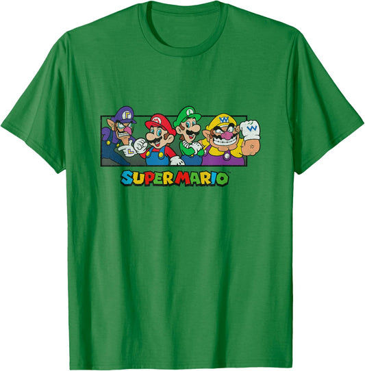 Super Mario Group Shot Mario Luigi Wario Waluigi Retro T-Shirt - T-Shirt | Irish Green