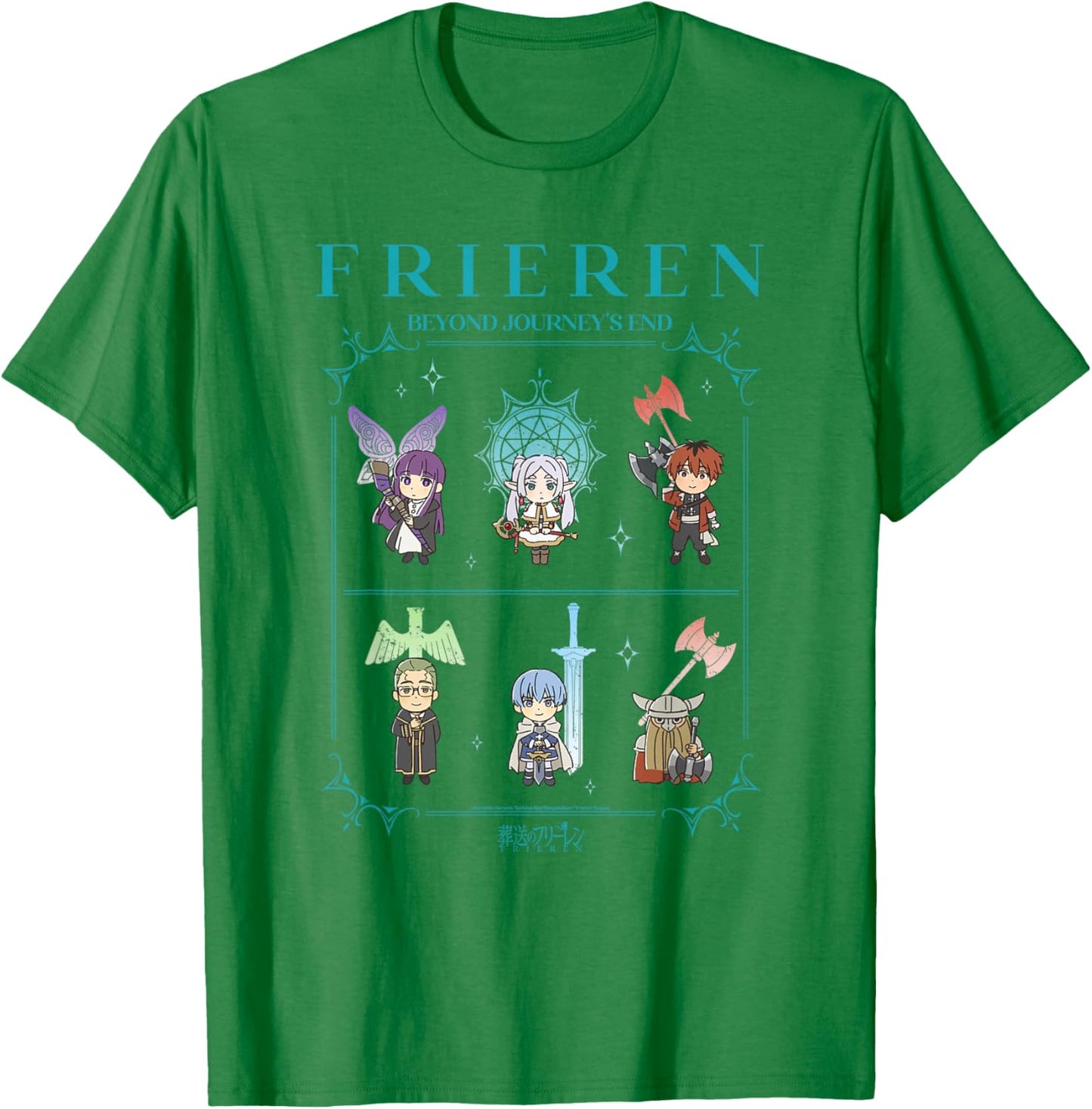 Frieren Chibi Character Chart with Ornate Frame Anime T-Shirt - T-Shirt | Irish Green