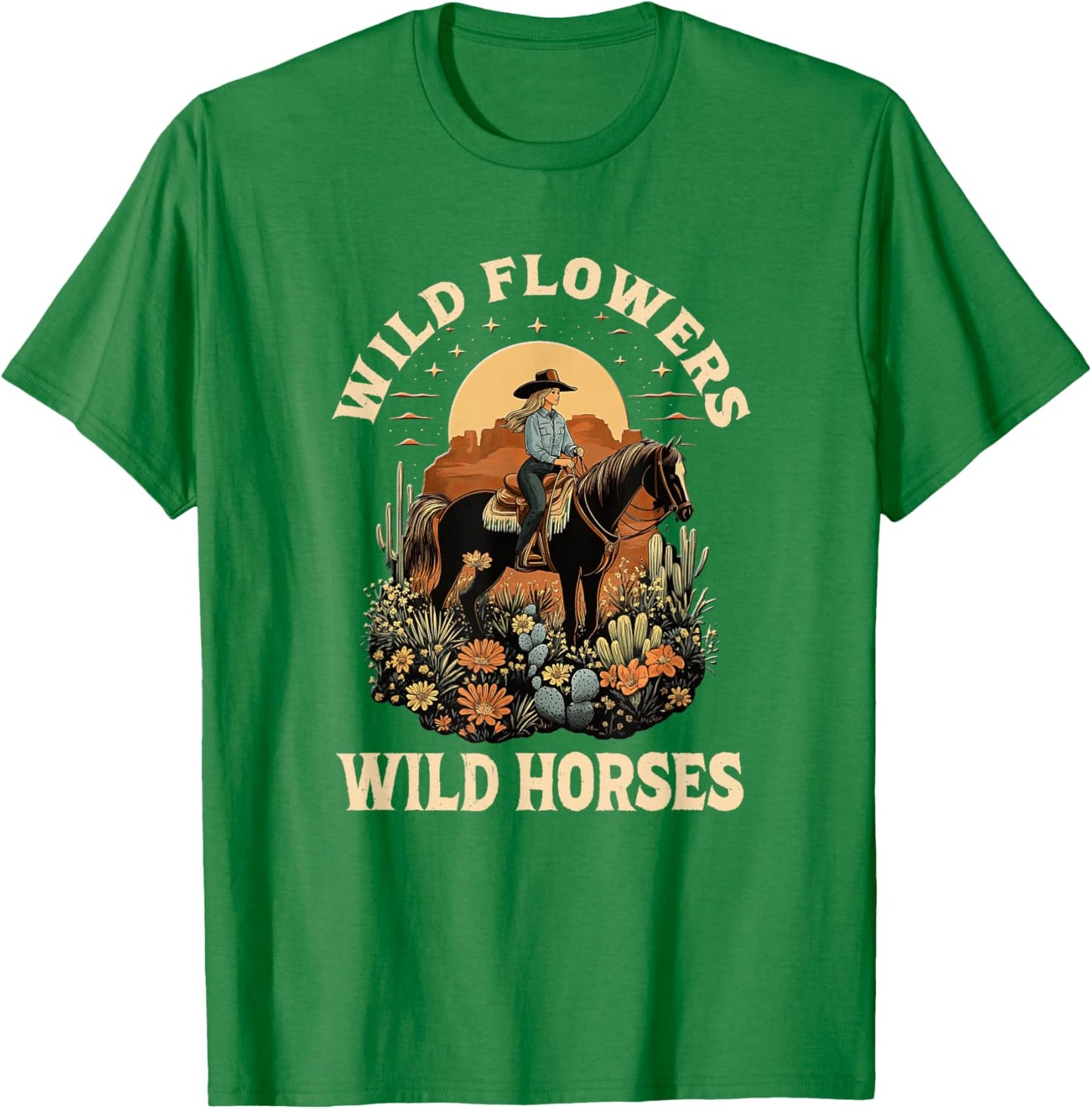 Western Sunset Cowgirl Riding Horse Wild Flowers Wild Horses T-Shirt - T-Shirt | Irish Green