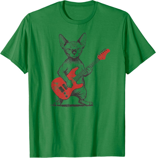 Vintage Sphynx Rock Cat Funny Cat Playing Guitar Rock T-Shirt - T-Shirt | Irish Green