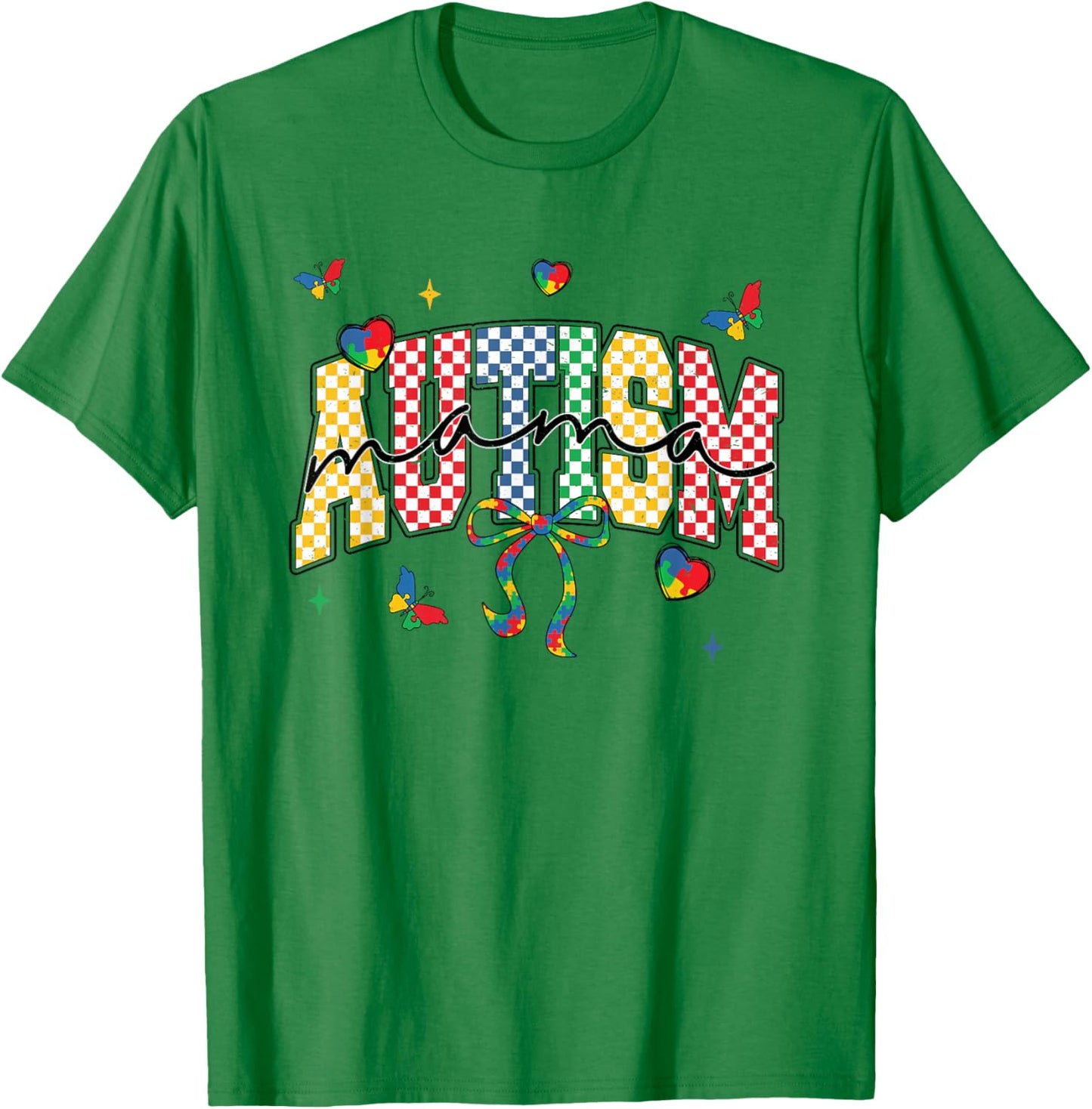 Autism Mama Checkered Coquette Mom Mommy Autism Awareness T-Shirt - T-Shirt | Irish Green