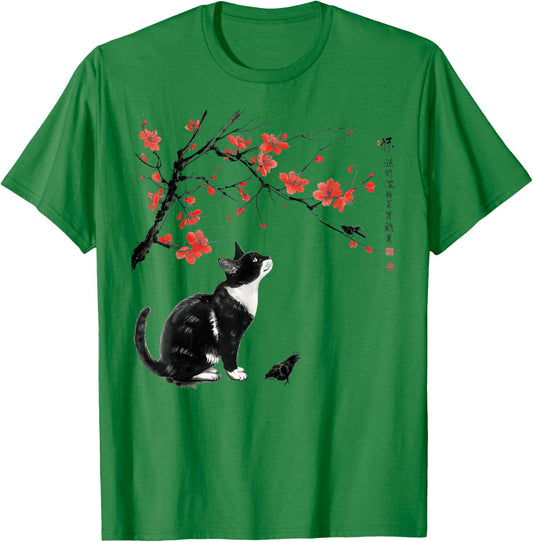 Japanese Nature art: Cat and bird with Cherry Blossom tree Men Women Girls Kids T-Shirt - T-Shirt | Irish Green