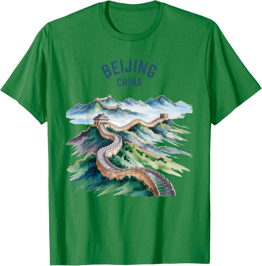 Beijing China Great Wall Vintage Watercolor Scenic Travel T-Shirt - T-Shirt | Irish Green
