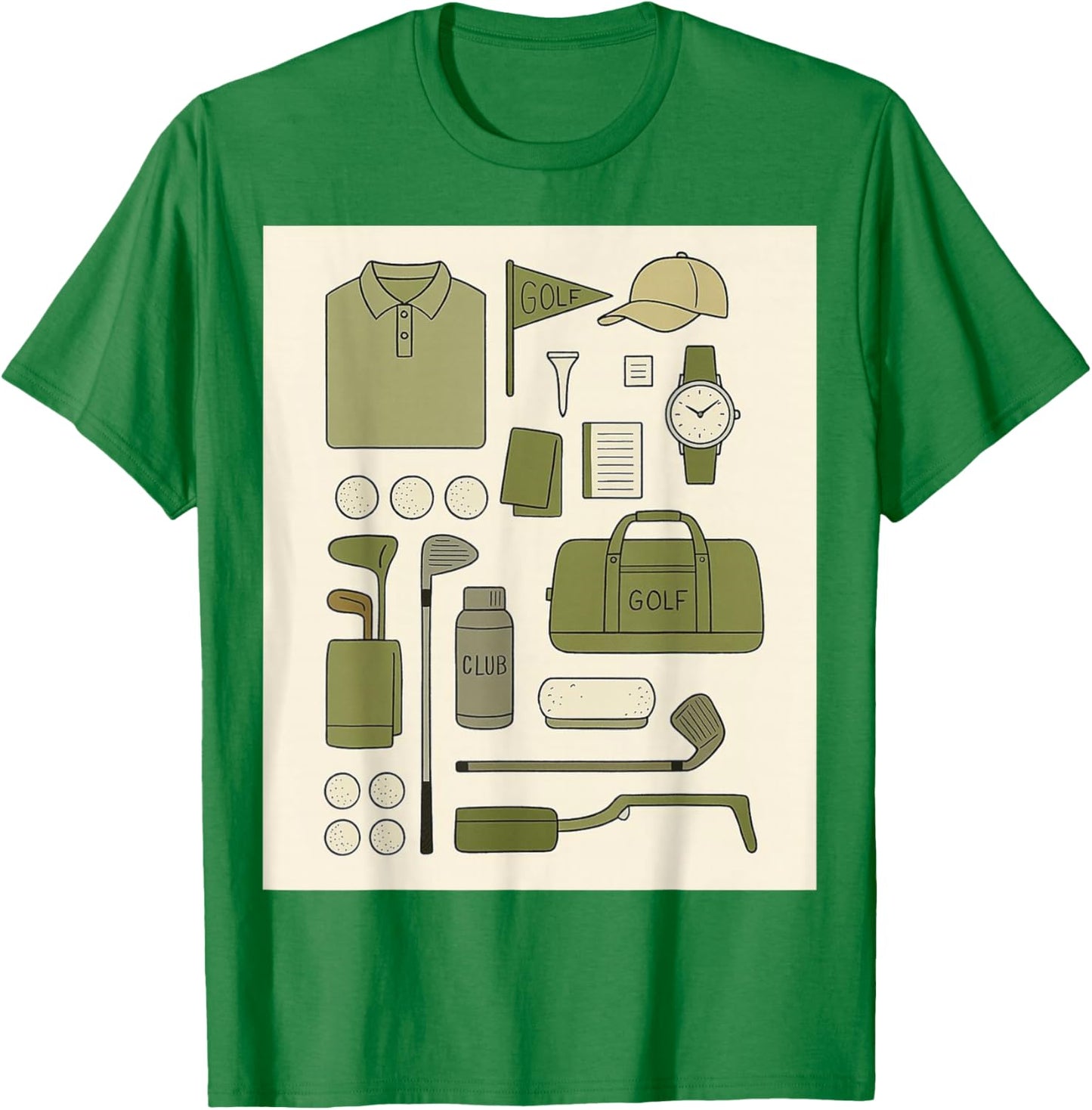 Retro Vintage Golf Doodles Balls Driver Clubs Green Beige T-Shirt - T-Shirt | Irish Green