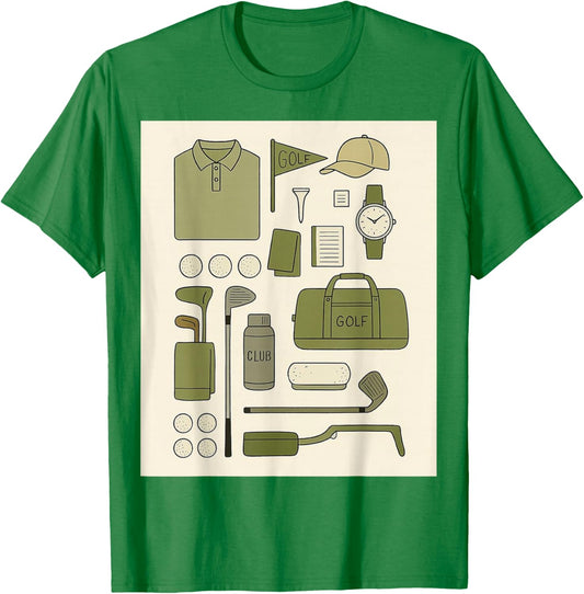 Retro Vintage Golf Doodles Balls Driver Clubs Green Beige T-Shirt - T-Shirt | Irish Green