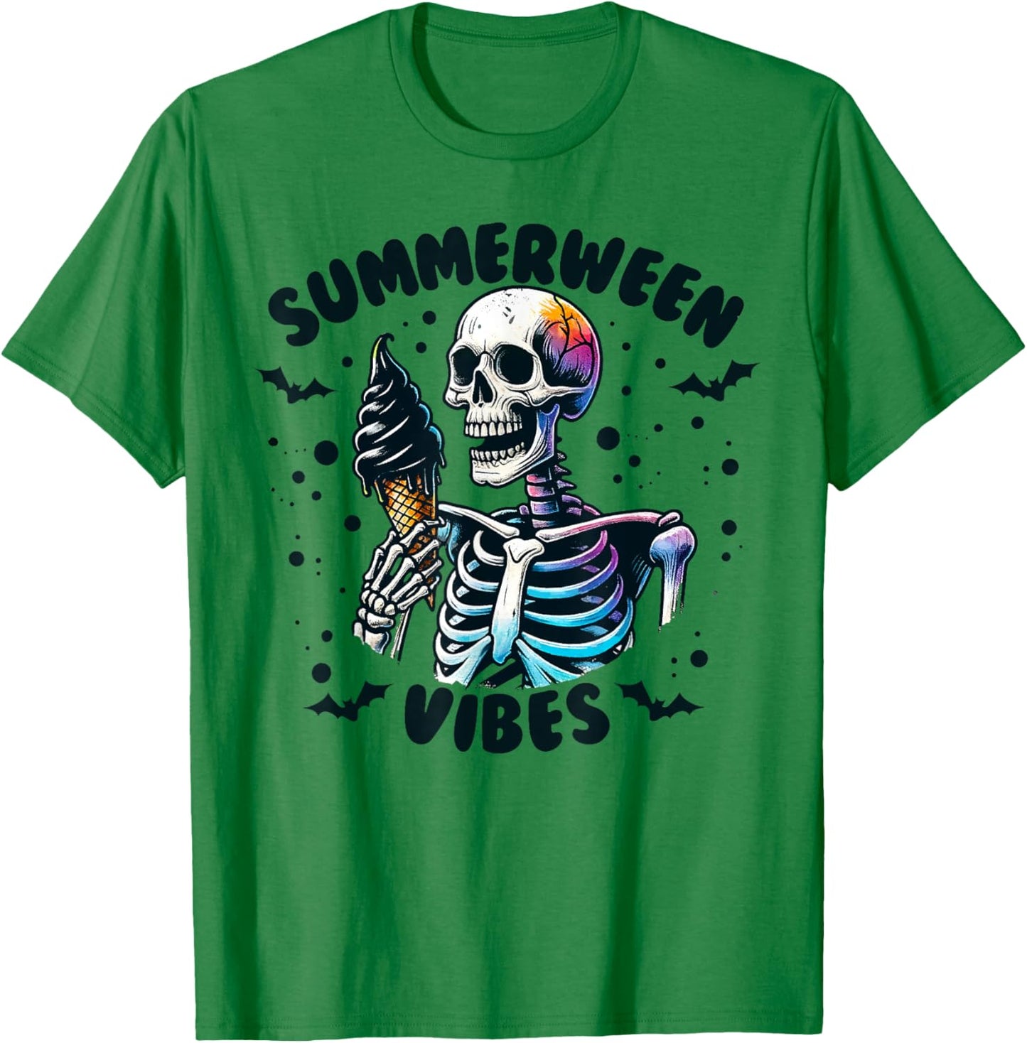 Summerween Vibes Skeleton Ice Cream Summer Vacation Funny T-Shirt - T-Shirt | Irish Green