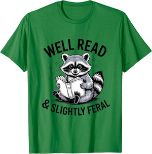 Well Read & Slightly Feral, Raccoon Book Lover Graphic Funny T-Shirt - T-Shirt | Irish Green