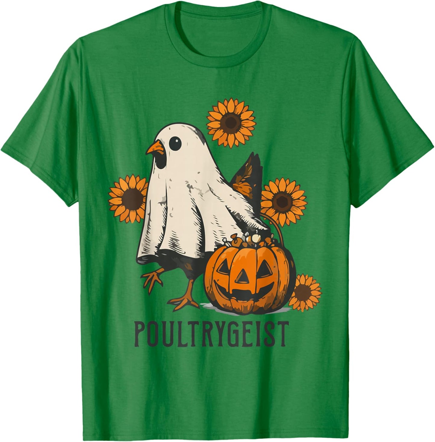 Poultrygeist Sunflower Chicken Ghost Halloween Spooky Season T-Shirt - T-Shirt | Irish Green