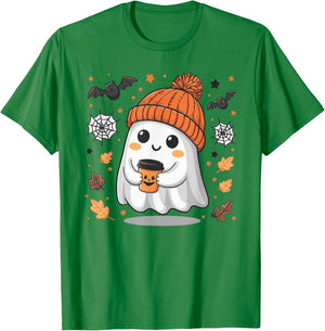 Cute Ghost Drinking Coffee Halloween Ghost Ice Coffee T-Shirt - T-Shirt | Irish Green