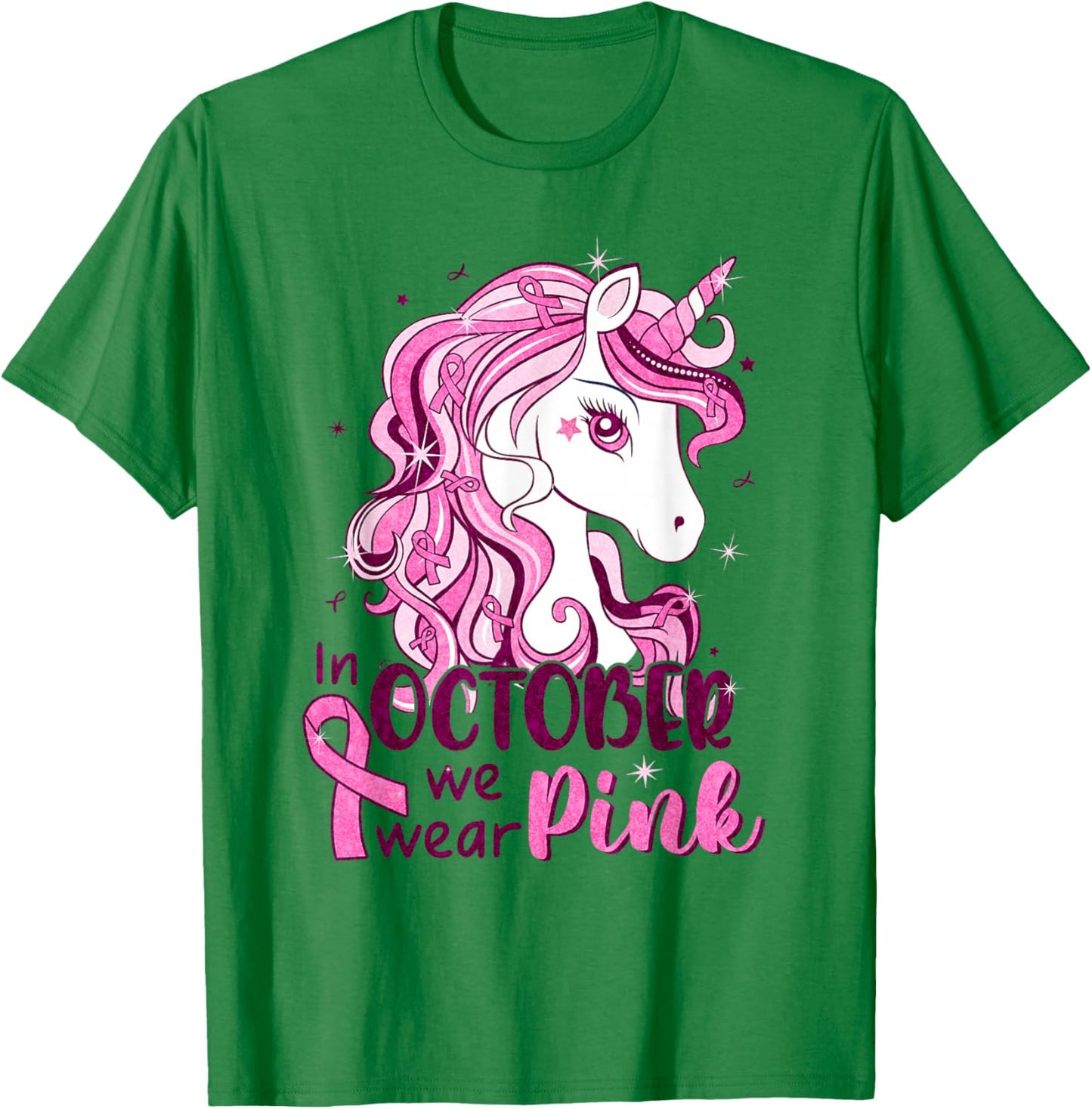 In October We Wear Pink Unicorn Breast Cancer Shirts Girls T-Shirt - T-Shirt | Irish Green
