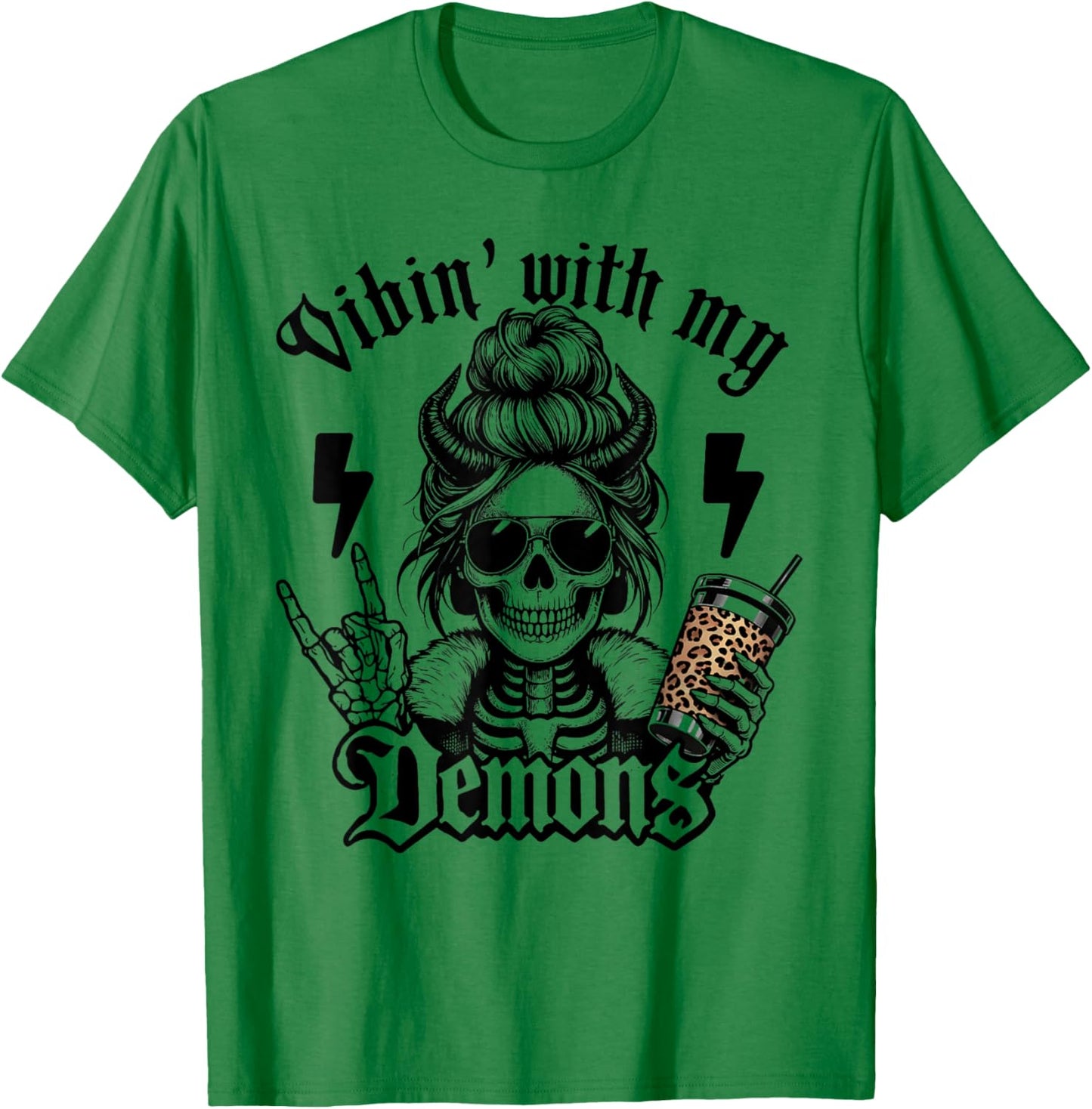 Vibin with My Demons Gothic Skeleton Messy Bun Art T-Shirt - T-Shirt | Irish Green