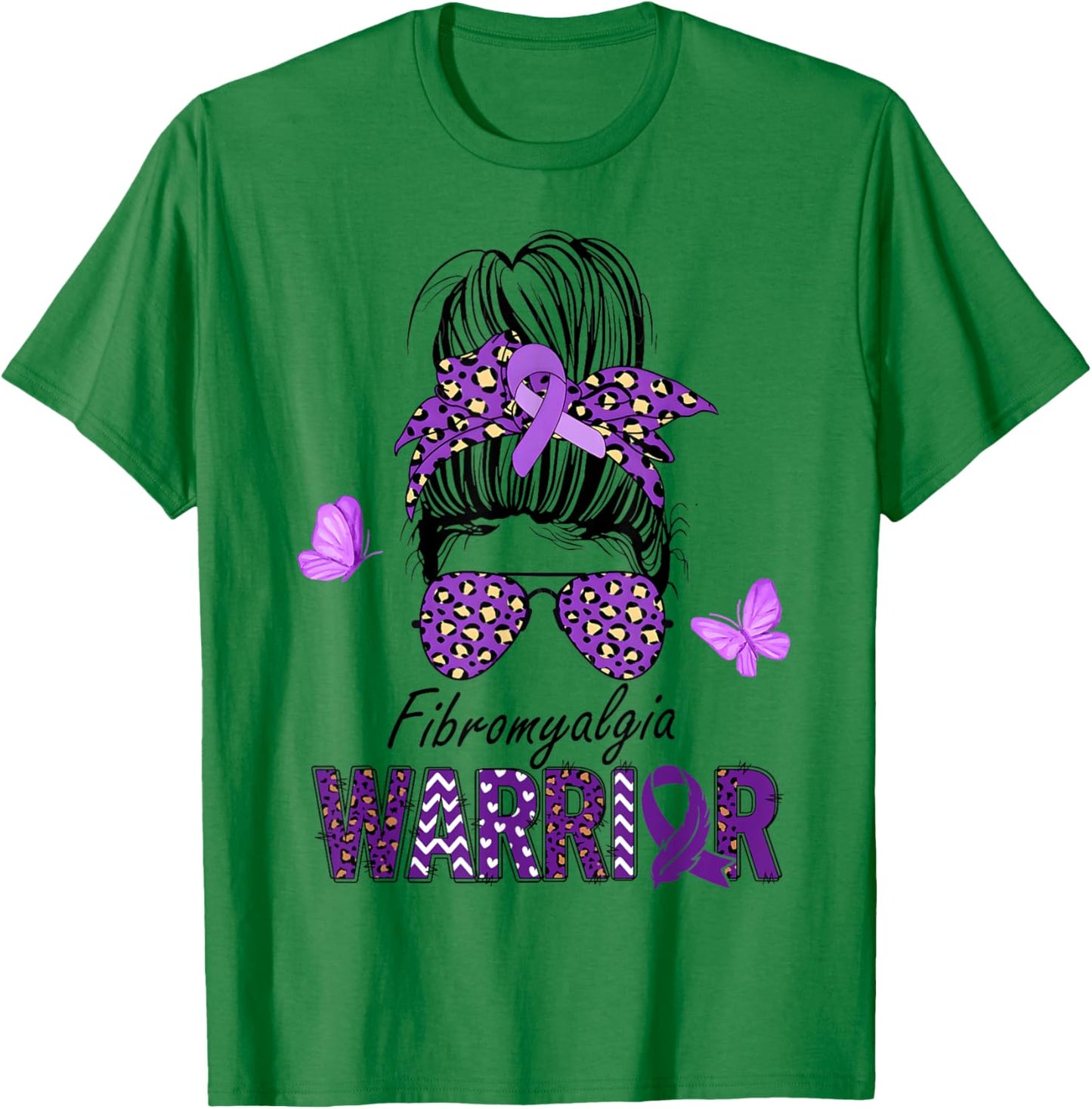 Fibromyalgia Awareness Messy Bun Purple Ribbon warrior T-Shirt - T-Shirt | Irish Green