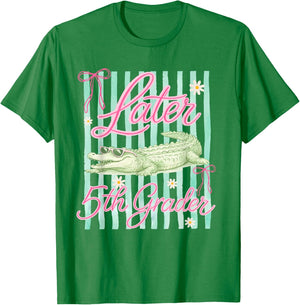 Striped Last Day of School Later 5th Grader Gator Alligator T-Shirt - T-Shirt | Irish Green