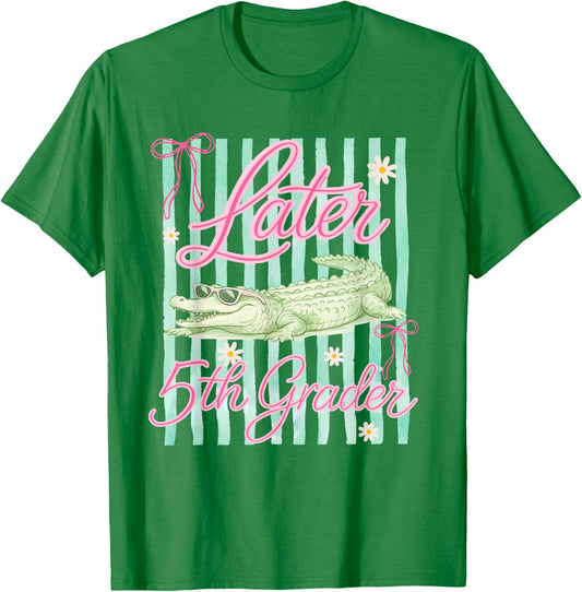 Striped Last Day of School Later 5th Grader Gator Alligator T-Shirt - T-Shirt | Irish Green