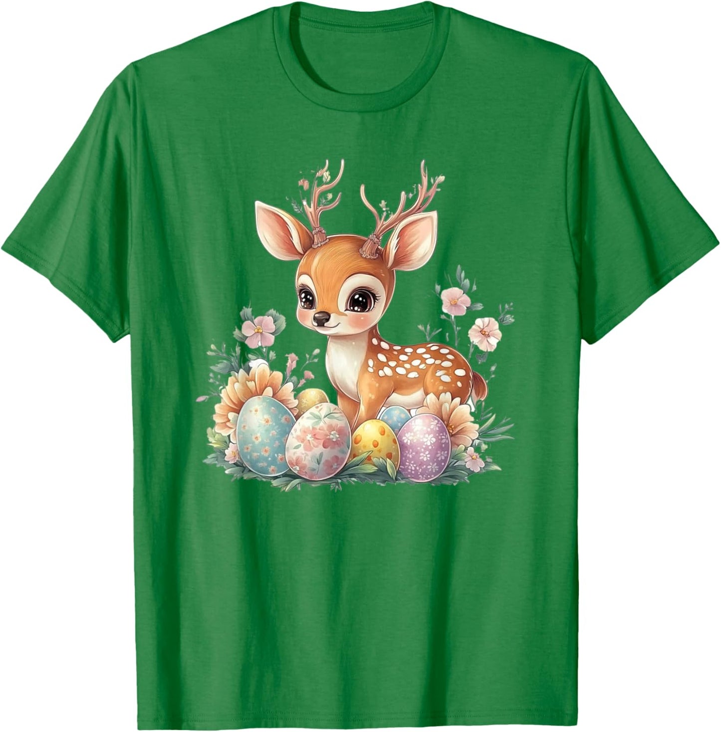 Easter Day, Cute Kawaii Baby Deer With Flowers & Easter Eggs T-Shirt - T-Shirt | Irish Green