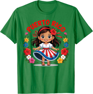 Puerto Rican Girl Culture Pride Cute Girl Traditional Dress T-Shirt - T-Shirt | Irish Green