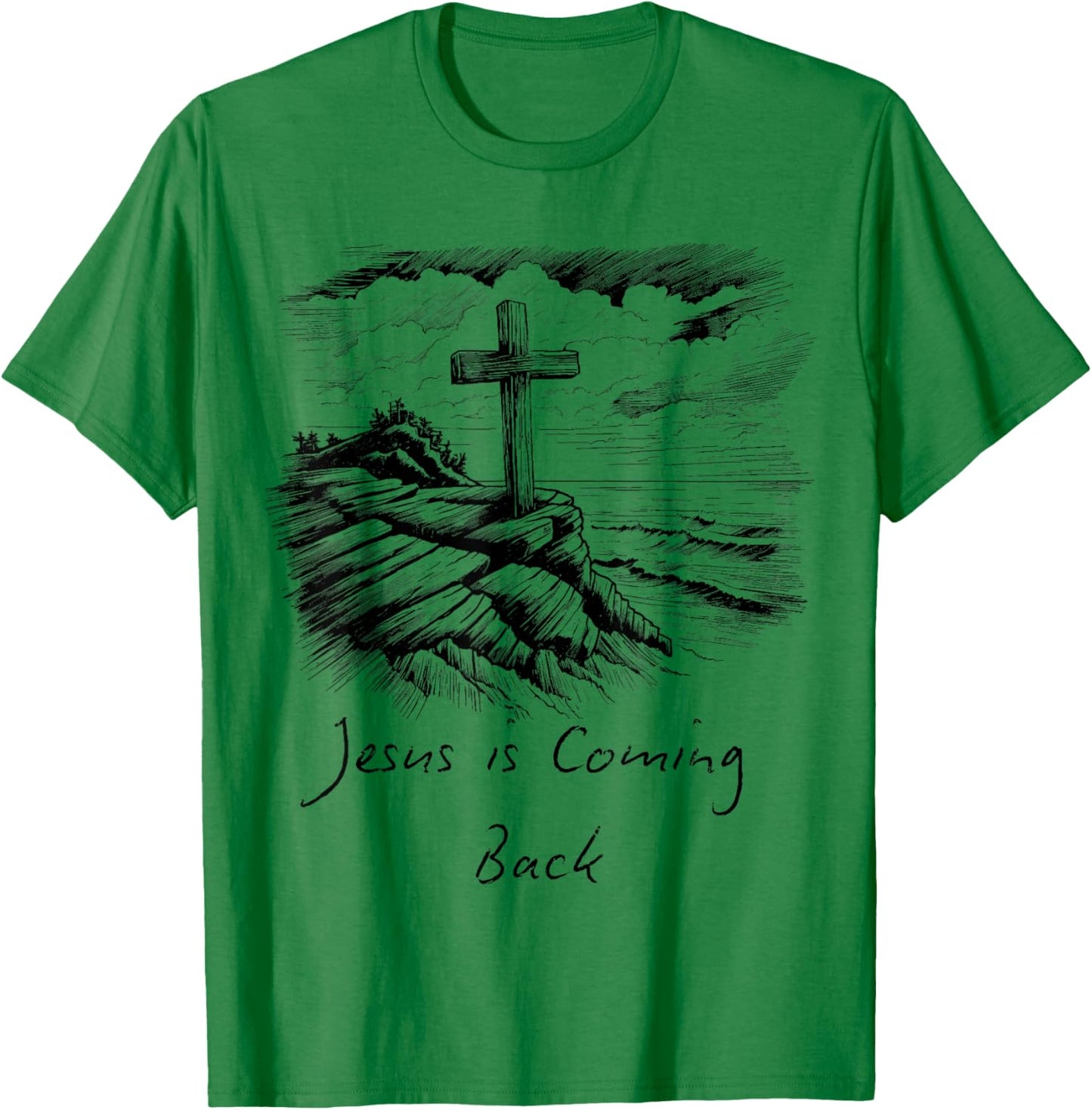 Jesus is coming Back sketch Drawing Cross Christian white T-Shirt - T-Shirt | Irish Green