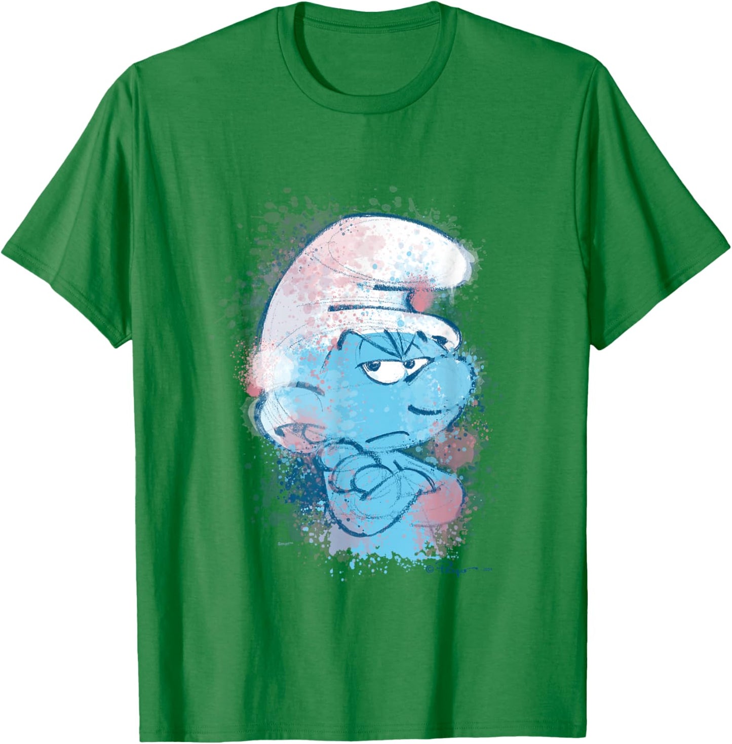 The Smurfs Grouchy Smurf Watercolor Portrait Distressed T-Shirt - T-Shirt | Irish Green