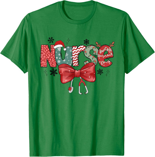 Christmas Nurse Coquette Bow Stethoscope Nursing Xmas Pjs T-Shirt - T-Shirt | Irish Green