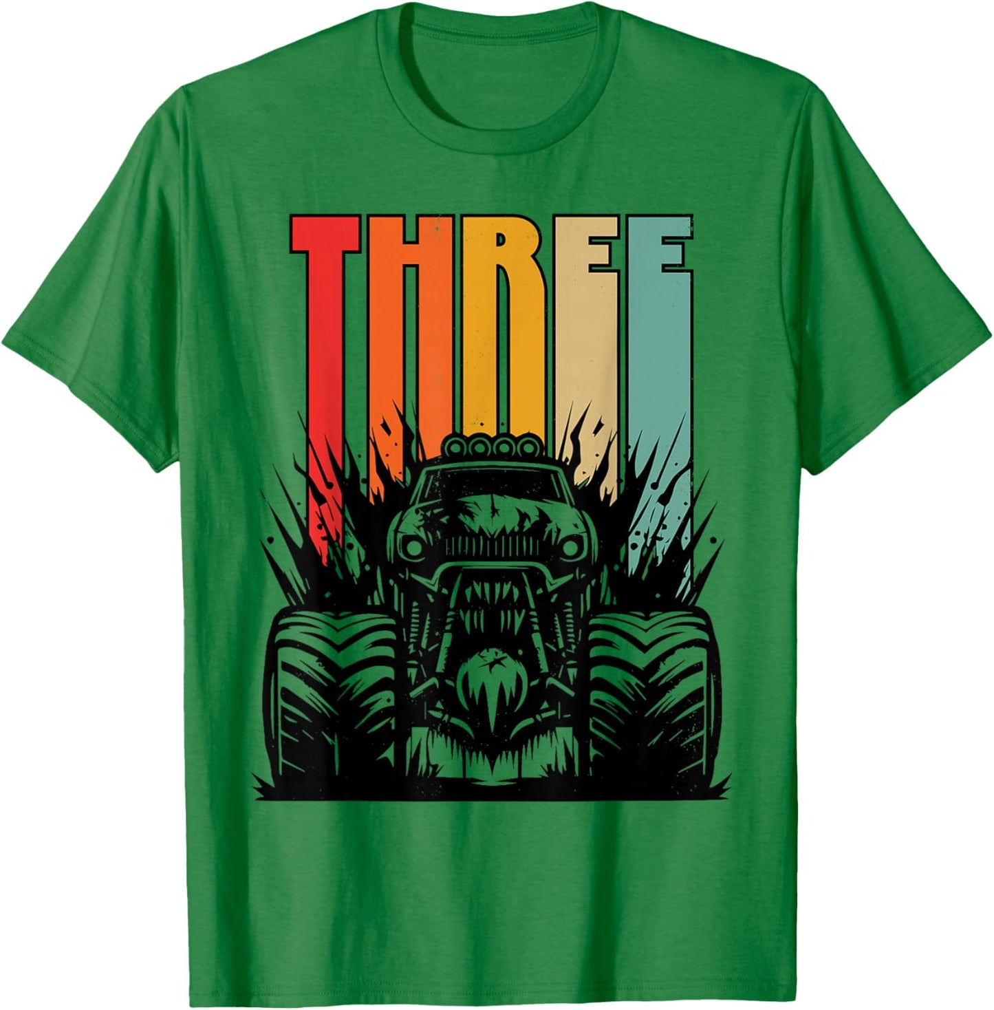 3 Year Old Monster Truck Lovers 3rd Birthday Party Retro T-Shirt - T-Shirt | Irish Green