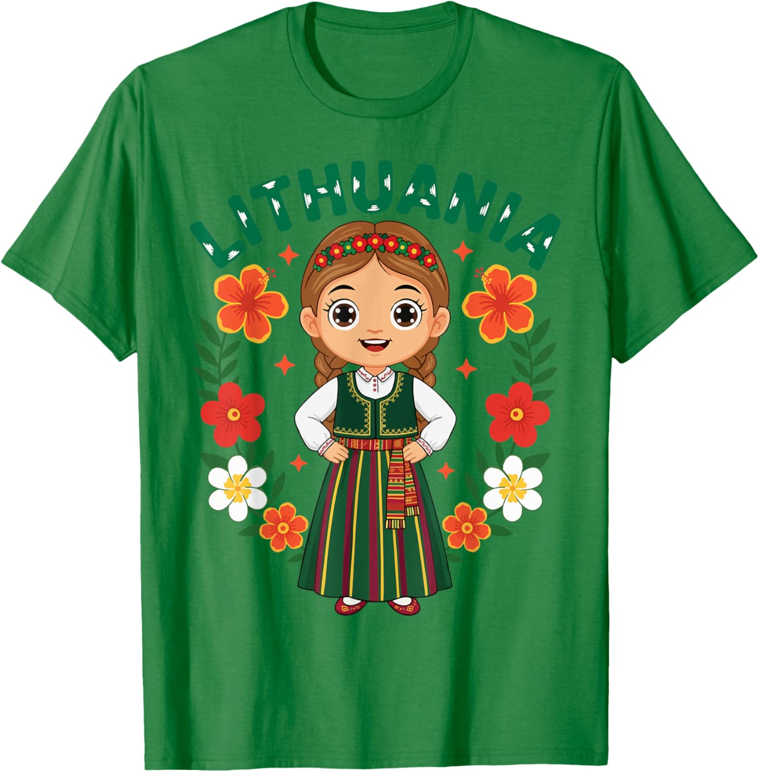 Lithuania Lithuanian Girl Traditional Dress Flowers Heritage T-Shirt - T-Shirt | Irish Green