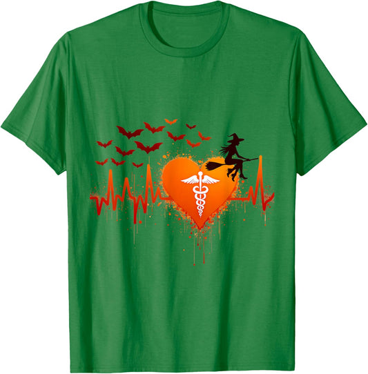 Halloween Medical Witch Heartbeat T-Shirt - T-Shirt | Irish Green
