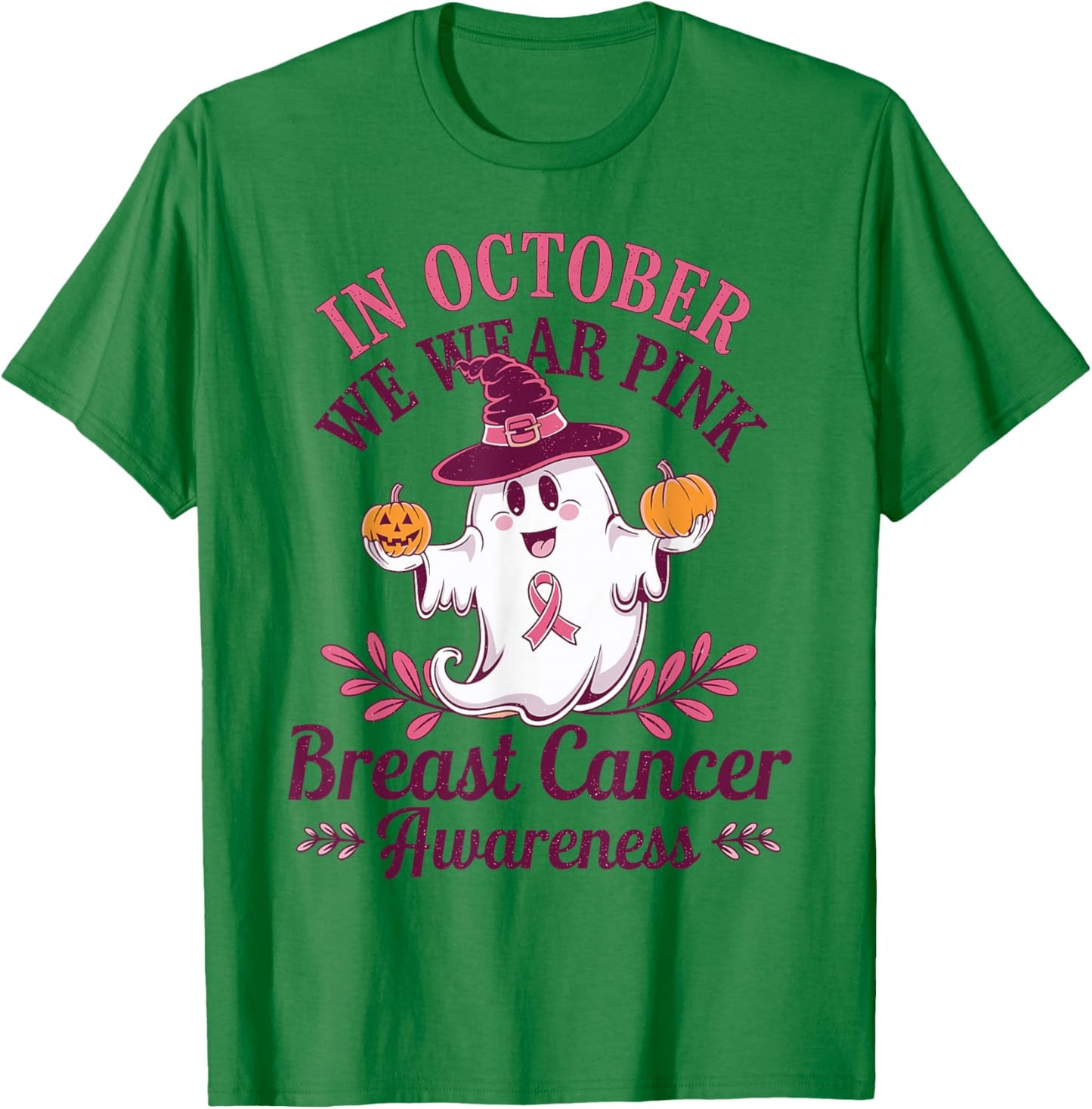 In October We Wear Pink Breast Cancer Awareness Pumpkins T-Shirt - T-Shirt | Irish Green