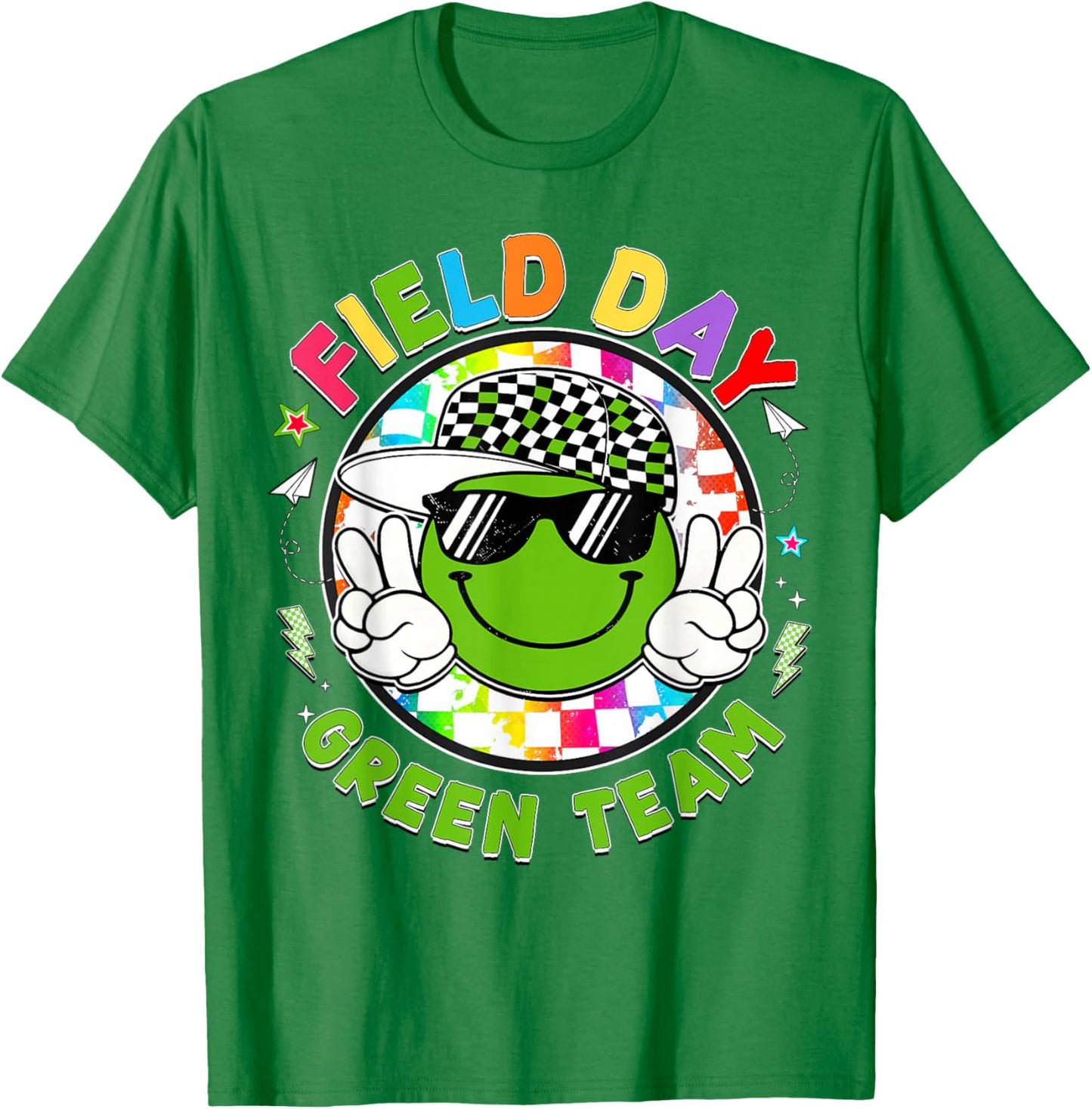 Field Day Green Team Smile Face Peace Sign Men Women Kids T-Shirt - T-Shirt | Irish Green