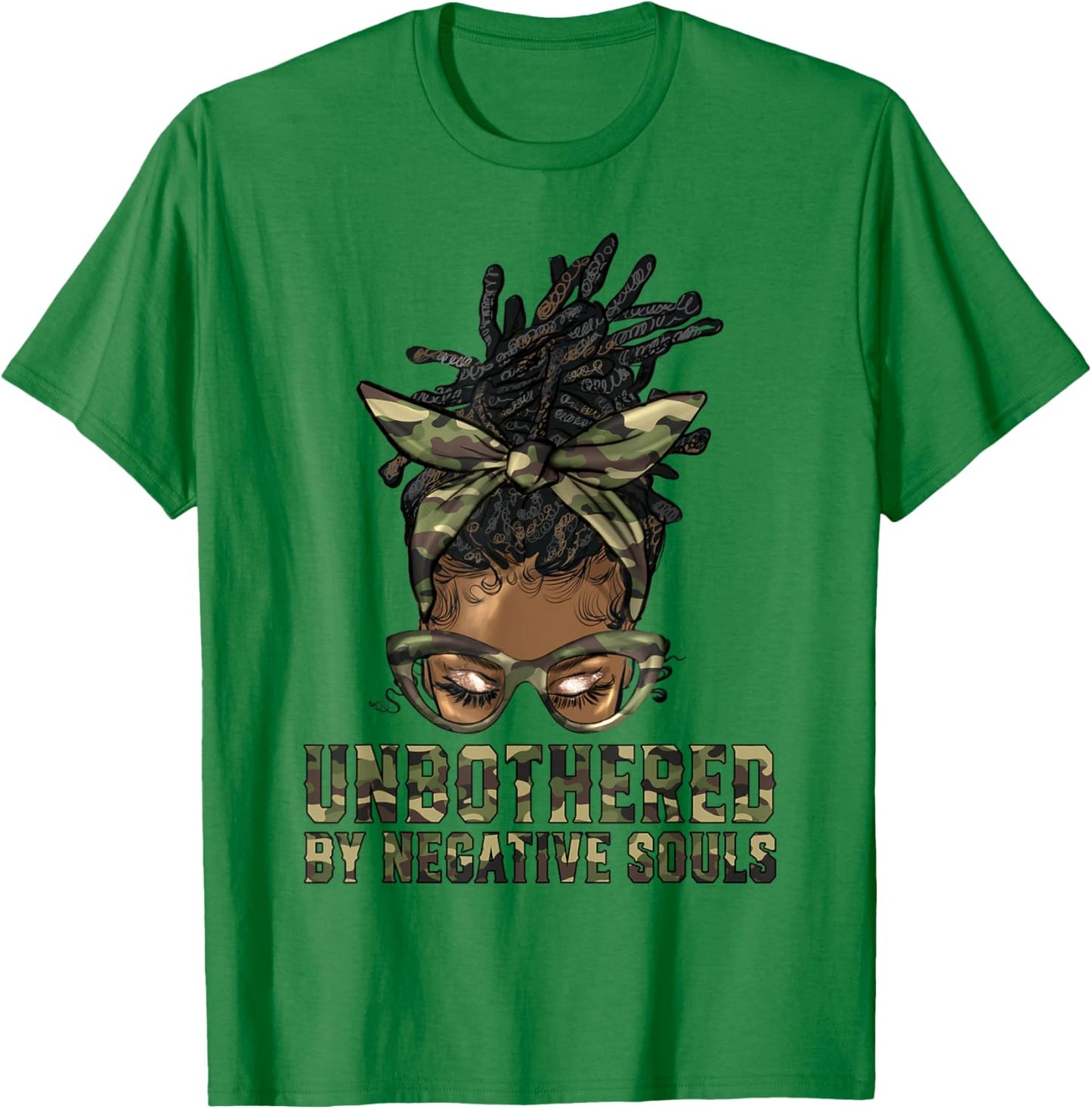 Loc'd Hair Messy Bun Black Woman Girl Camo Unbothered T-Shirt - T-Shirt | Irish Green